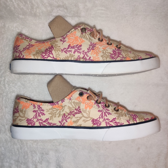 Sperry Top-Sider Slip-On Shoes Coral Reef Print Tan Purple Orange Women's 10 - Picture 3 of 10